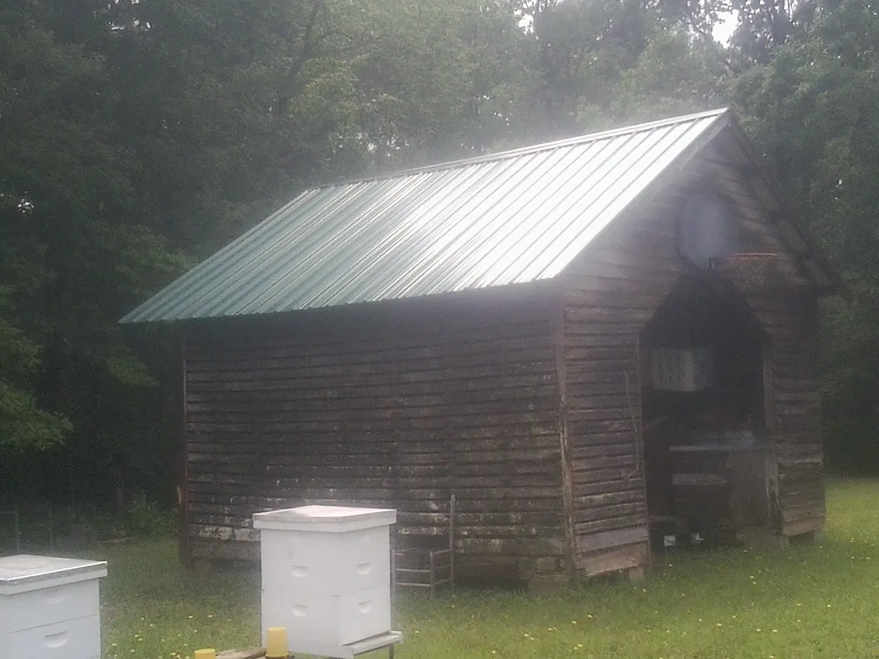Green metal roof on a weathered barn beside stacked beehives in Garfield