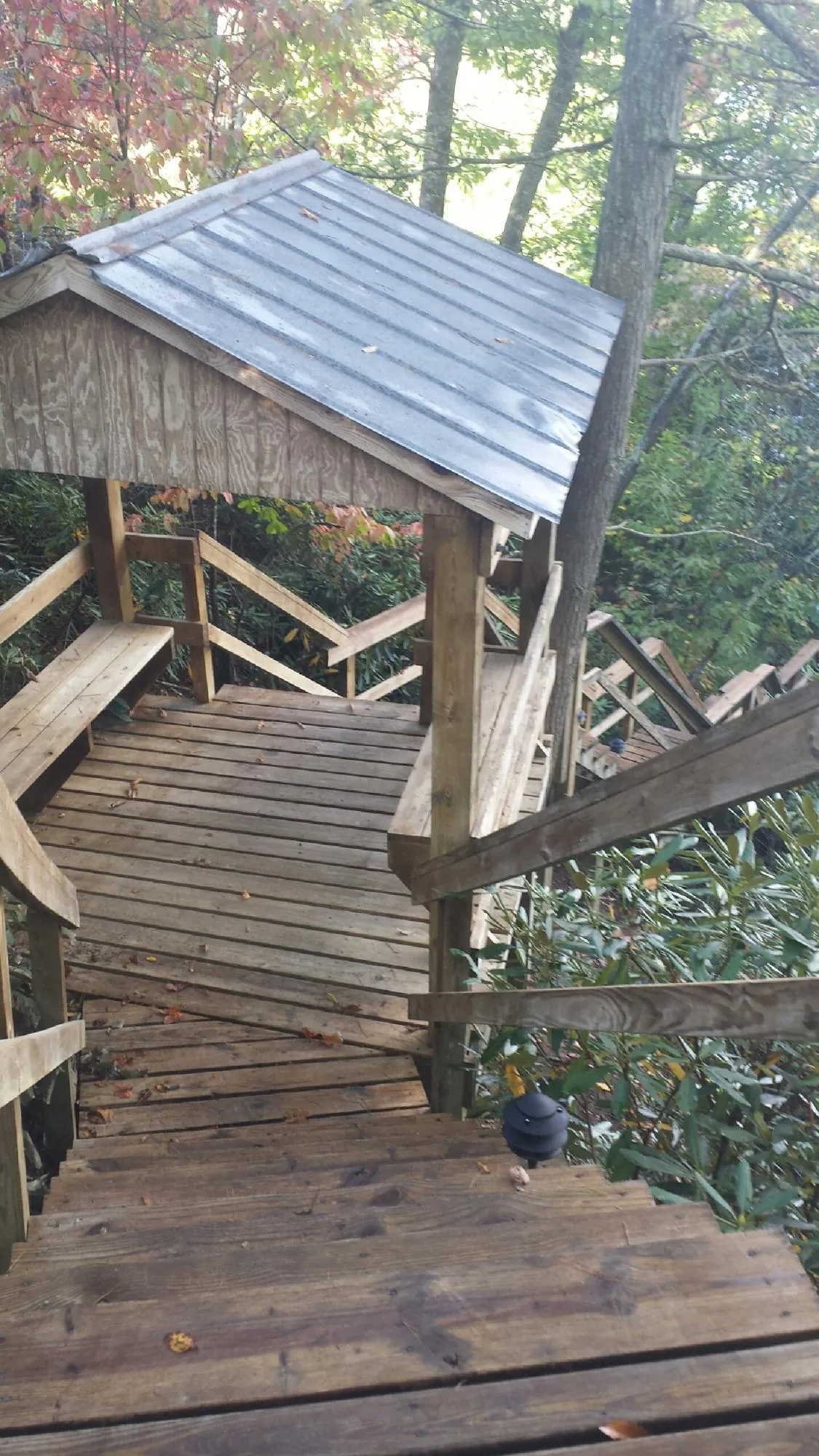 Metal roofed shelter over wooden steps on a wooded walkway — Skylight Repair & Installation work by our crew in Garfield